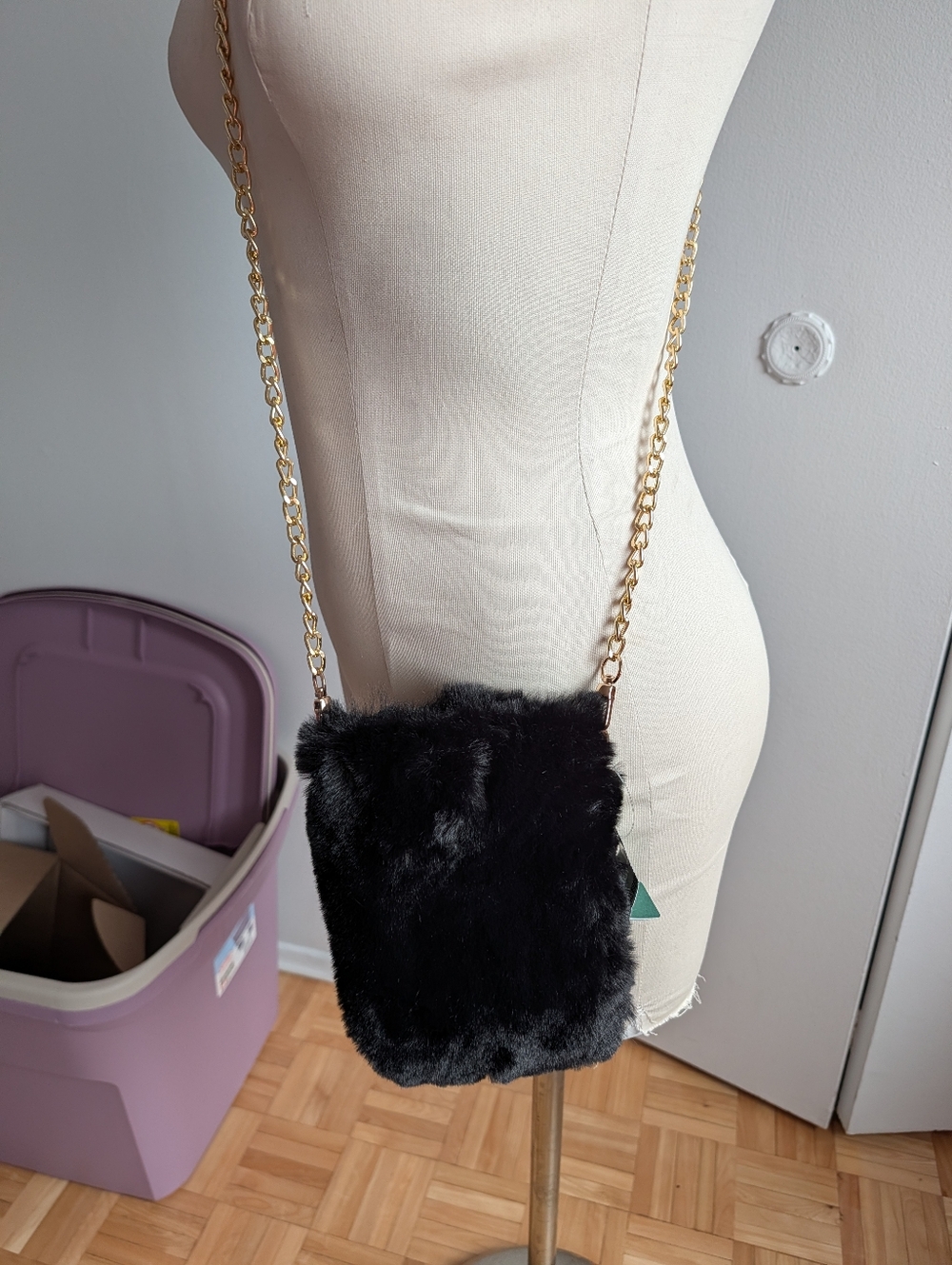 Black Faux Fur Crossbody Bag with Gold Chain